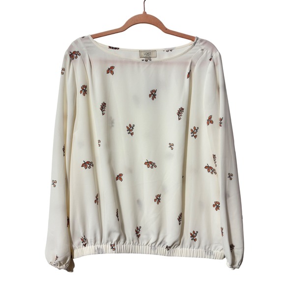 LOFT Outlet Tops - Loft Outlet Women White Orange Leaf Print Boat Neck Elastic Hem Blouse Large NWT